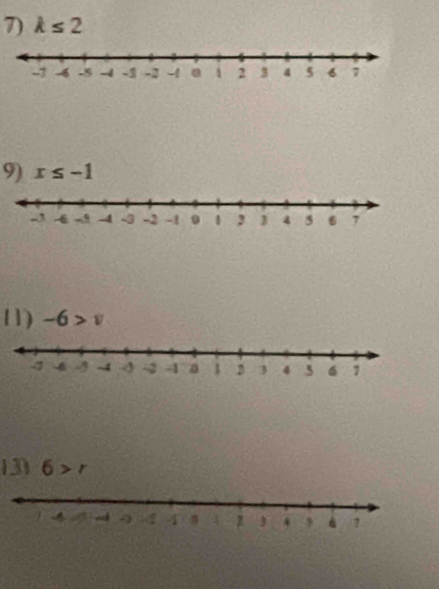 k≤ 2
9) x≤ -1
11) -6>v
3