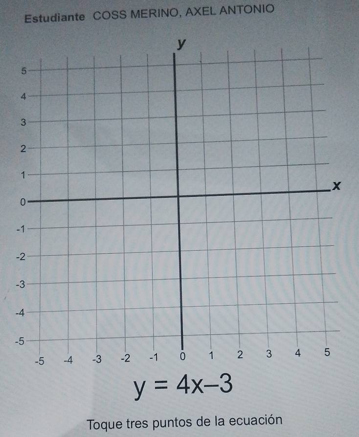Estudiante COSS MERINO, AXEL ANTONIO 
- 
- 
- 
- 
-
y=4x-3
Toque tres puntos de la ecuación