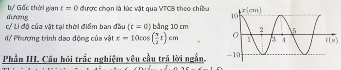 b/ Gốc thời gian t=0 được chọn là lúc vật qua VTCB theo chiều
dương 
c/ Li độ của vật tại thời điểm ban đầu (t=0) bằng 10 cm
d/ Phương trình dao động của vật x=10cos ( π /2 t)cm
Phần III. Câu hỏi trắc nghiệm yêu cầu trã lời ngắn.