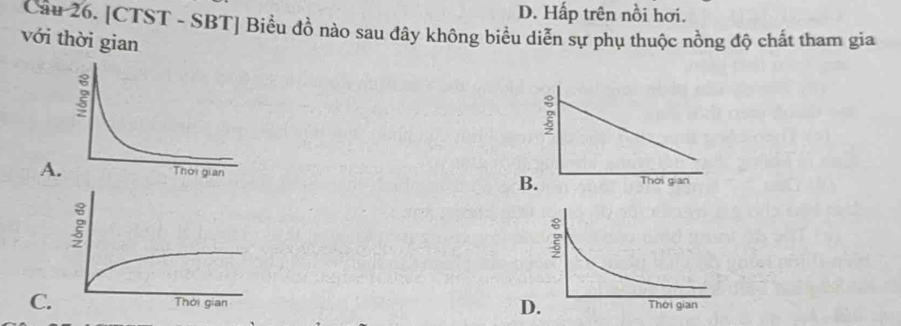 D. Hấp trên nồi hơi.
Câu 26. [CTST - SBT] Biểu đồ nào sau đây không biểu diễn sự phụ thuộc nồng độ chất tham gia
với thời gian
A

B.
C D