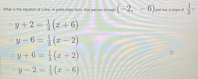 What is the equation of a line, in point-slope form, that passes through (-2,-6) and has a slope of  1/3  ?
y+2= 1/3 (x+6)
y-6= 1/3 (x-2)
y+6= 1/3 (x+2)
y-2= 1/3 (x-6)