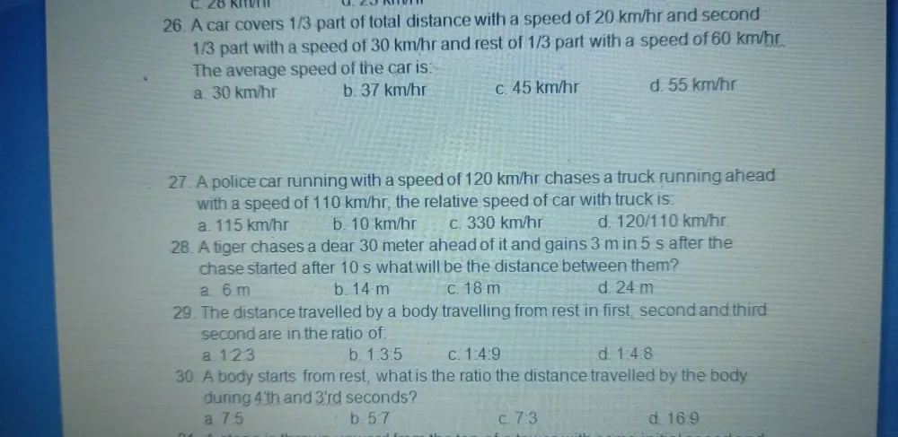 Solved: 28 kmm 26. A car covers 1/3 part of total distance with a speed ...