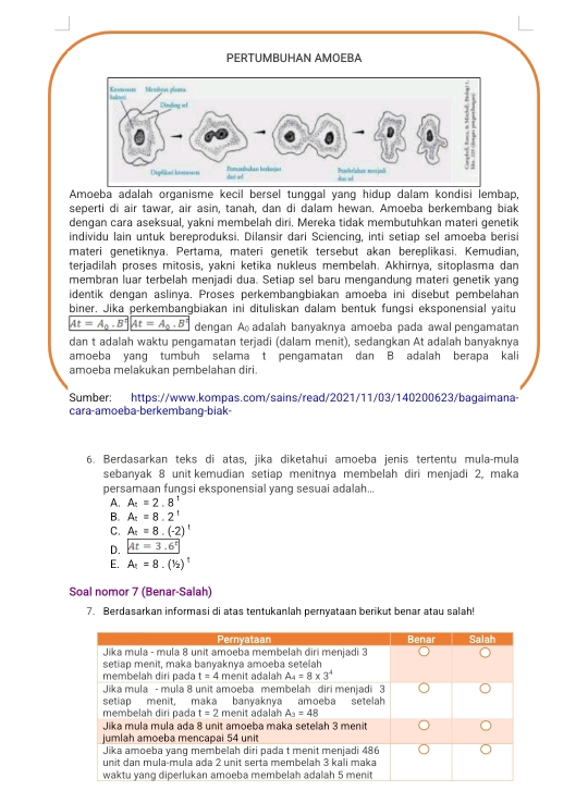 PERTUMBUHAN AMOEBA
Kxonn  Menlno plam
  
Dirling sel
Depifilat konoon dai sel Pom ambdan berlngo Penbriadas netjal f u
Amoeba adalah organisme kecil bersel tunggal yang hidup dalam kondisi lembap,
seperti di air tawar, air asin, tanah, dan di dalam hewan. Amoeba berkembang biak
dengan cara aseksual, yakni membelah diri. Mereka tidak membutuhkan materi genetik
individu lain untuk bereproduksi. Dilansir dari Sciencing, inti setiap sel amoeba berisi
materi genetiknya. Pertama, materi genetik tersebut akan bereplikasi. Kemudian,
terjadilah proses mitosis, yakni ketika nukleus membelah. Akhirnya, sitoplasma dan
membran luar terbelah menjadi dua. Setiap sel baru mengandung materi genetik yang
identik dengan aslinya. Proses perkembangbiakan amoeba ini disebut pembelahan
biner. Jika perkembangbiakan ini dituliskan dalam bentuk fungsi eksponensial yaitu
At=A_0.B°|At=A_0.B dengan A  adalah banyaknya amoeba pada awal pengamatan
dan t adalah waktu pengamatan terjadi (dalam menit), sedangkan At adalah banyaknya
amoeba yang tumbuh selama t pengamatan dan B adalah berapa kali
amoeba melakukan pembelahan diri.
Sumber: https://www.kompas.com/sains/read/2021/11/03/140200623/bagaimana-
cara-amoeba-berkembang-blak-
6. Berdasarkan teks di atas, jika diketahui amoeba jenis tertentu mula-mula
sebanyak 8 unit kemudian setiap menitnya membelah diri menjadi 2, maka
persamaan fungsi eksponensial yang sesuai adalah...
A. A_t=2.8^t
B. A_:=8.2^t
C. A_t=8.(-2)^t
D. At=3.6°
E. A_1=8.(1/2)^1
Soal nomor 7 (Benar-Salah)
7. Berdasarkan informasi di atas tentukanlah pernyataan berikut benar atau salah!