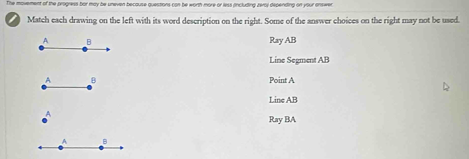 The movement of the progress bar may be uneven because questions can be worth more or less (including zero) depending on your answer.
Match each drawing on the left with its word description on the right. Some of the answer choices on the right may not be used.
A B Ray AB
Line Segment AB
A B Point A
Line AB
A
Ray BA
A B