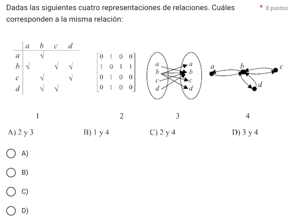 Dadas las siguientes cuatro representaciones de relaciones. Cuáles 8 puntos
corresponden a la misma relación:
c
a b
d
1
2
3
4
A) 2 y 3 B) 1 y 4 C) 2 y 4 D) 3 y 4
A)
B)
C)
D)