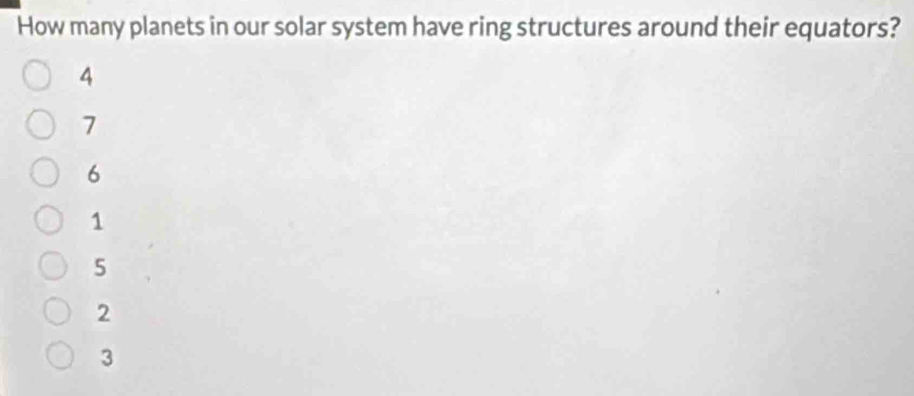 How many planets in our solar system have ring structures around their equators?
4
7
6
1
5
2
3