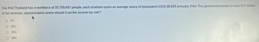 Say that Thailand has a workforce of 35,709,487 people, each of whom earns an average salary of (equivalent USD) $8,630 annually. If the Thai govemment wants to mase $70 bitlion
in tax revenue,approximately where should it set the income tax rate?
5%
15%
23%
79%