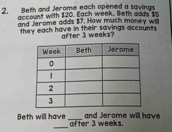 Beth and Jerome each opened a savings 
account with $20. Each week, Beth adds $5
and Jerome adds $7. How much money will 
they each have in their savings accounts 
after 3 weeks? 
Beth will have _and Jerome will have 
_ 
after 3 weeks.