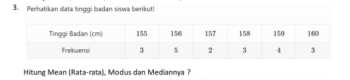 Perhatikan data tinggi badan siswa berikut! 
Hitung Mean (Rata-rata), Modus dan Mediannya?