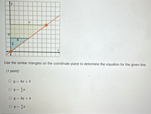 Use the similar triangles on the coordinate plane to determine the equation for the given line.
(1 point)
y=4x+3
y= 3/4 x
y=3x+4
y= 4/3 x