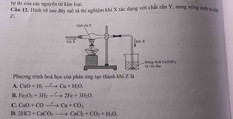 tự do của các nguyên tử kim loại.
Câu 12. Hình vẽ sau đây mô tả thí nghiệm khí X tác dụng với chất rắn Y, nung nóng sinh ra khí
Z:
Phương trình hoá học của phản ứng tạo thành khí Z là
A. CuO+H_2xrightarrow r°Cu+H_2O.
B. Fe_2O_3+3H_2to 2°2Fe+3H_2O.
C. CuO+COxrightarrow I°Cu+CO_2.
D. 2HCl+CaCO_3to CaCl_2+CO_2+H_2O.