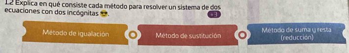 1.2 Explica en qué consiste cada método para resolver un sistema de dos
ecuaciones con dos incógnitas
Método de igualación Método de sustitución Método de suma y resta (reducción)