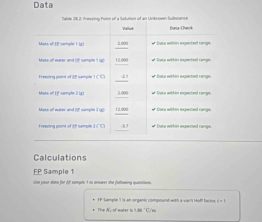 Data
Calculations
E Sample 1
Use your data for EP sample 1 to answer the following questions.
FP Sample 1 is an organic compound with a van't Hoff factor; i=1
The K_f of water is 1.86°C/m