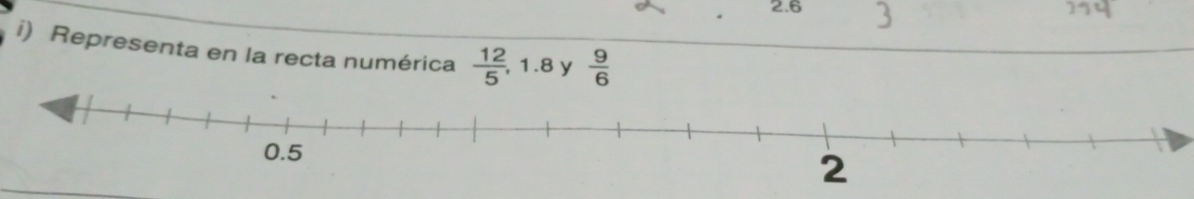 2.6 
i) Representa en la recta numérica  12/5  , 1.8 y  9/6 