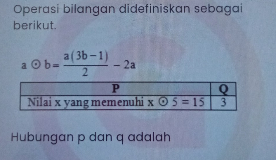 Operasi bilangan didefiniskan sebagai
berikut.
aodot b= (a(3b-1))/2 -2a
Hubungan p dan q adalah