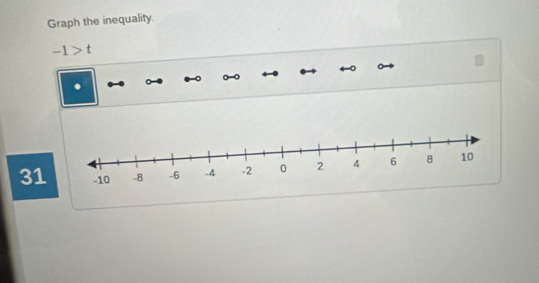 Graph the inequality.
-1>t
31