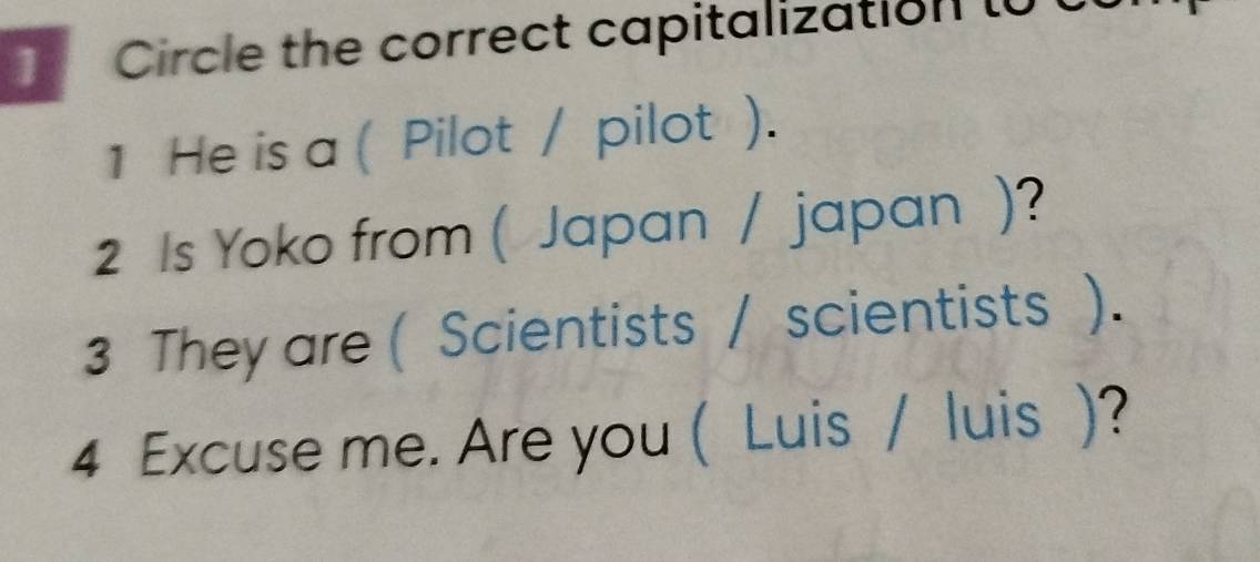 Circle the correct capitalization to
1 He is a ( Pilot / pilot ).
2 Is Yoko from ( Japan / japan )?
3 They are ( Scientists / scientists ).
4 Excuse me. Are you ( Luis / luis )?