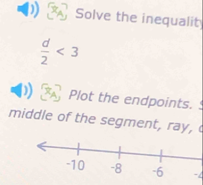 Solve the inequalit
 d/2 <3</tex> 
Plot the endpoints. 
middle of the segment, ray,
-1