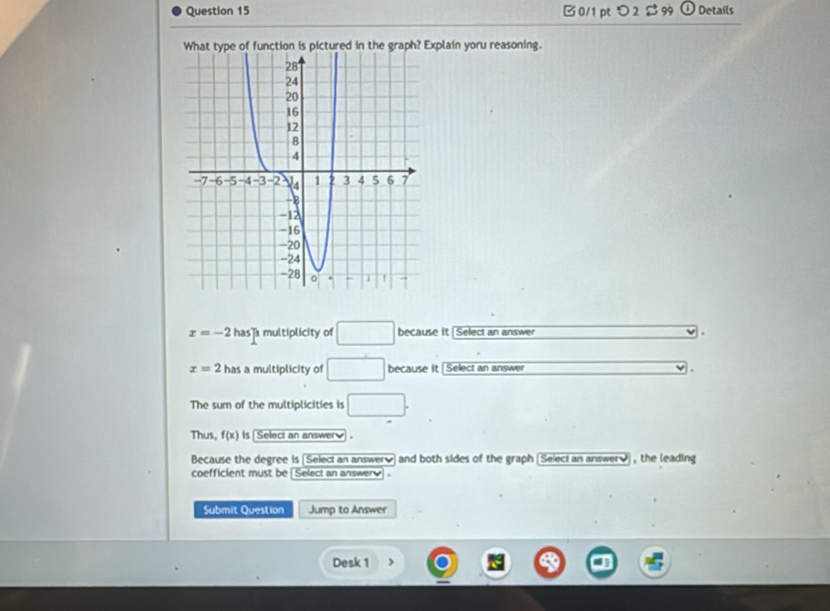 B0/1 pt つ2 $99 Details
What type of function is pictured in the graph? Explain yoru reasoning.
x=-2 has a multiplicity of □ because it Select an answer .
x=2 has a multiplicity of □ because it [Select an answer
The sum of the multiplicities is □.
Thus, f(x) is Select an answer]
Because the degree is (Select an answer] and both sides of the graph (Select an answer] , the leading
coefficient must be [Select an answery] .
Submit Question Jump to Answer
Desk 1