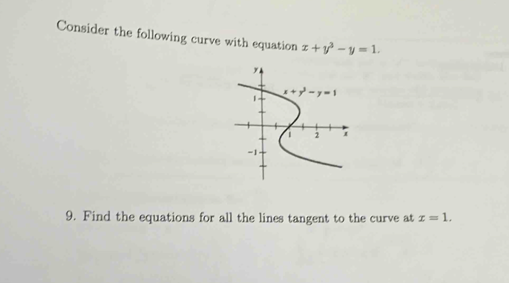 Consider the following curve with equation x+y^3-y=1.
9. Find the equations for all the lines tangent to the curve at x=1.