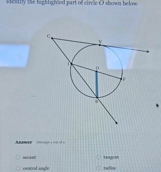 identily the highlighted part of circle O shown below.
Answer Attempt t out of 2
secant tangent
central angle radius