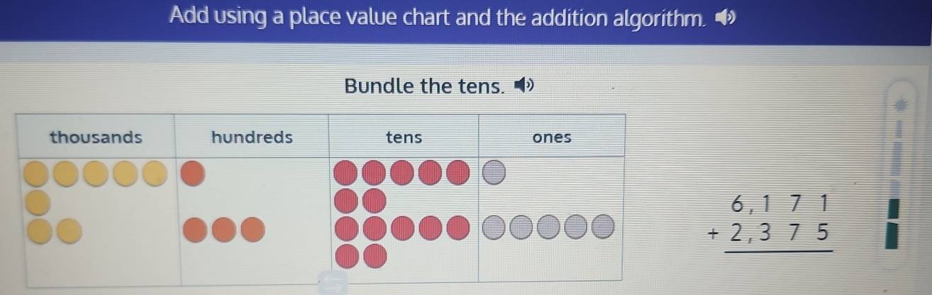 Add using a place value chart and the addition algorithm. 
Bundle the tens. 
thousands hundreds tens ones
beginarrayr 6,171 +2,375 hline endarray