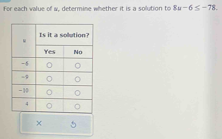 For each value of u, determine whether it is a solution to 8u-6≤ -78.
s