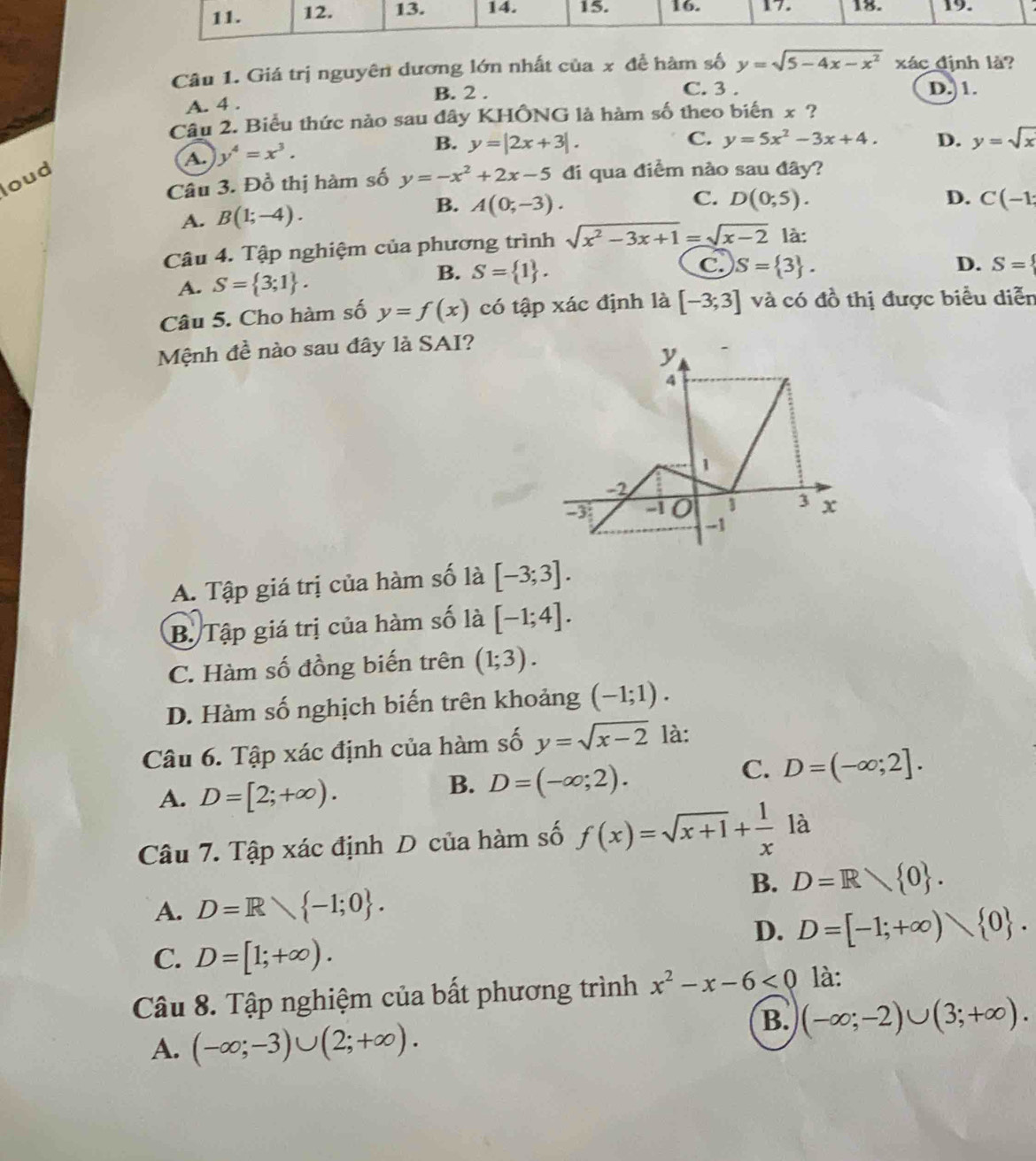 Giá trị nguyên dương lớn nhất của x đề hàm số y=sqrt(5-4x-x^2) xác định là?
B. 2 . C. 3 . D.)1.
A. 4 .
Câu 2. Biểu thức nào sau đây KHÔNG là hàm số theo biến x ?
A. y^4=x^3. B. y=|2x+3|.
C. y=5x^2-3x+4. D. y=sqrt(x)
Câu 3. Đồ thị hàm số y=-x^2+2x-5 đi qua điềm nào sau đây?
oud
B.
A. B(1;-4). A(0;-3).
C. D(0;5). D. C(-1:
Câu 4. Tập nghiệm của phương trình sqrt(x^2-3x+1)=sqrt(x-2) là:
B. S= 1 .
c)
A. S= 3;1 . S= 3 .
D. S=
Câu 5. Cho hàm số y=f(x) có tập xác định là [-3;3] và có đồ thị được biểu diễn
Mệnh đề nào sau đây là SAI?
A. Tập giá trị của hàm số là [-3;3].
B. Tập giá trị của hàm số là [-1;4].
C. Hàm số đồng biến trên (1;3).
D. Hàm số nghịch biến trên khoảng (-1;1).
Câu 6. Tập xác định của hàm số y=sqrt(x-2) là:
A. D=[2;+∈fty ).
B. D=(-∈fty ;2).
C. D=(-∈fty ;2].
Câu 7. Tập xác định D của hàm số f(x)=sqrt(x+1)+ 1/x  là
B. D=R 0 .
A. D=R -1;0 .
D. D=[-1;+∈fty ) 0 .
C. D=[1;+∈fty ).
Câu 8. Tập nghiệm của bất phương trình x^2-x-6<0</tex> là:
B. (-∈fty ;-2)∪ (3;+∈fty ).
A. (-∈fty ;-3)∪ (2;+∈fty ).