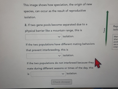 This image shows how speciation, the origin of new 
species, can occur as the result of reproductive 
isolation. 
2. If two gene pools become separated due to a Rep 
physical barrier like a mountain range, this is isola 
Mer 
isolation. shar 
pool 
If the two populations have different mating behaviors inter are 
that prevent interbreeding, this is 
isolation. 
If the two populations do not interbreed because they 
mate during different seasons or times of the day, this 
is ∴ △ ADC v isolation. 
Check Answer