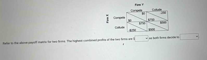 Firm Y 
Compete Collude
$o -250
E Compete $750 $500
$0
$750
Collude $500
-$250
Refer to the above payoff matrix for two firms. The highest combined profits of the two firms are $ □ as both firms decide to □.