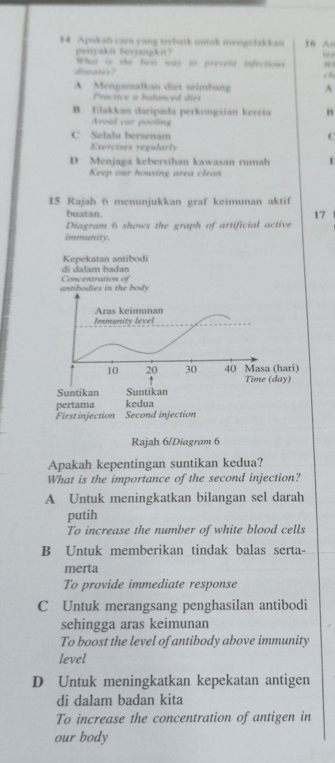 Apakah cara yang terbaik untuk mengelakkan 16
penyakit berjangkit? fer
What is the best way to prevent infections w
diseases"
ch
A Mengamalkan diet seimbang ^
Practice a balanced diet
B Elakkan daripada perkongsian kereta B
Avoid car pooling
C Selahu bersenam C
Exercises regularly
D Menjaga kebersihan kawasan rumah
Keep our housing area clean
15 Rajah 6 menunjukkan graf keimunan aktif
buatan. 17
Diagram 6 shows the graph of artificial active
immunity.
Kepekatan antibodi
di dalam badan
Concentration of
antibodies in the body
Aras keimunan
Immunity level
10 20 30 40 Masa (hari)
Time (day)
Suntikan Suntikan
pertama kedua
First injection Second injection
Rajah 6/Diagram 6
Apakah kepentingan suntikan kedua?
What is the importance of the second injection?
A Untuk meningkatkan bilangan sel darah
putih
To increase the number of white blood cells
B Untuk memberikan tindak balas serta-
merta
To provide immediate response
C Untuk merangsang penghasilan antibodi
sehingga aras keimunan
To boost the level of antibody above immunity
level
D Untuk meningkatkan kepekatan antigen
di dalam badan kita
To increase the concentration of antigen in
our body