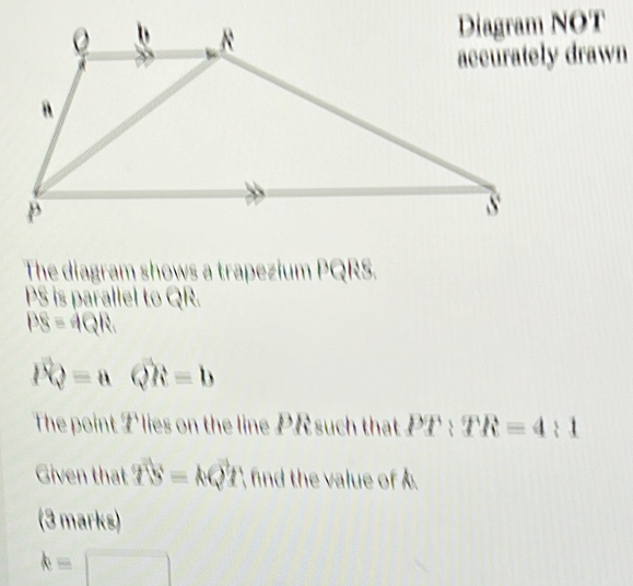 OT 
drawn 
The diagram shows a trapezium PQRS.
PS is parallel to QR.
PS=4QR.
vector PQ=avector QR=b
The point T lies on the line PR such that PT:TR=4:1
Given that vector TS=kvector QT find the value of 
(3 marks)
k= 1 
□ 