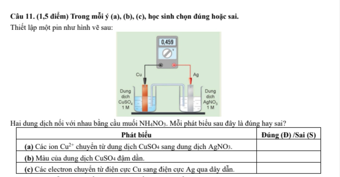 (1,5 điểm) Trong mỗi y(a),(b),(c) 9, học sinh chọn đúng hoặc sai.
Thiết lập một pin như hình vẽ sau:
Hai dung dịch nối với nhau bằng cầu muối NH. _4NO_3 3. Mỗi phát biểu sau đây là đúng hay sai?
Phát biểu Đúng (Đ) /Sai (S)
(a) Các ion Cu^(2+) chuyển từ dung dịch CuSO4 sang dung dịch AgNO3.
(b) Màu của dung dịch CuSO4 đậm dần.
(c) Các electron chuyển từ điện cực Cu sang điện cực Ag qua dây dẫn.