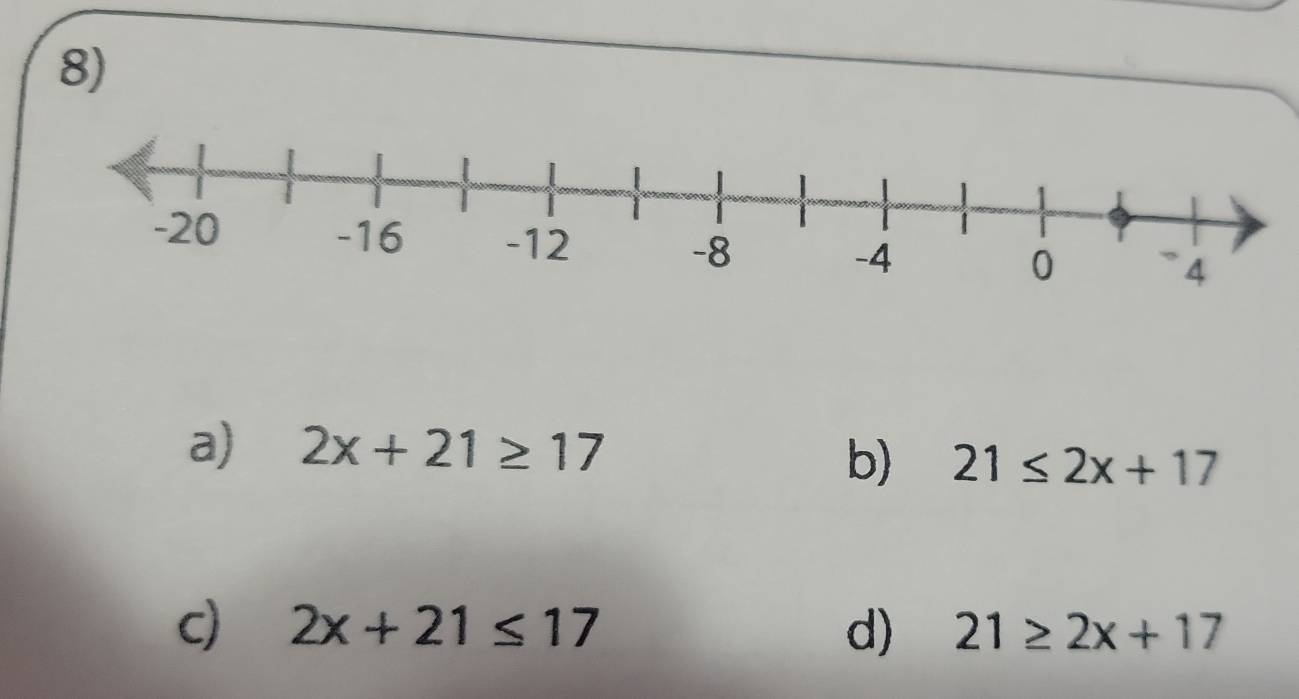 a) 2x+21≥ 17
b) 21≤ 2x+17
c) 2x+21≤ 17 d) 21≥ 2x+17