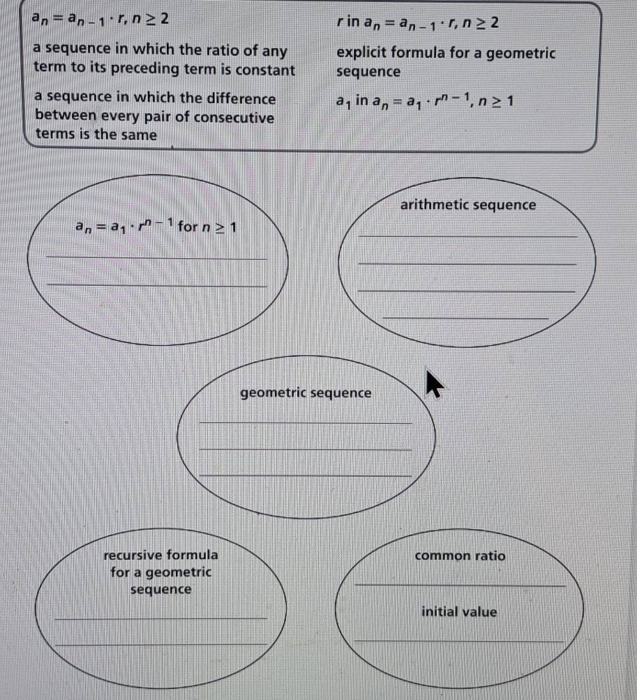 a_n=a_n-1· r, n≥ 2
11 n a_n=a_n-1· r, n≥ 2
a sequence in which the ratio of any explicit formula for a geometric 
term to its preceding term is constant sequence 
a sequence in which the difference a_1 in a_n=a_1· r^(n-1), n≥ 1
between every pair of consecutive 
terms is the same 
arithmetic sequence 
_
a_n=a_1· r^(n-1) for n≥ 1
_ 
_ 
_ 
_ 
_ 
geometric sequence 
_ 
_ 
_ 
recursive formula common ratio 
_ 
for a geometric 
sequence 
_ 
initial value 
_ 
_