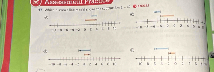 Assessment Präctice 
17. Which number line model shows the subtraction 2 - 4? 6.NSO.4.1 
C
-10 -8 -6 -4 -2 0 2 4 6 B 10