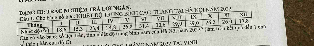 RÁC NGHIỆM TRẢ LỜI NGÁN. 
ÁNG TẠI HÀ NộI NĂM 2022
Căn cứ vào bảng số liệu trên, tính nhiệt độ trung bình năm của Nh 
số thập phân của độ C). Tác tHáNG Năm 2022 TẠI VINH