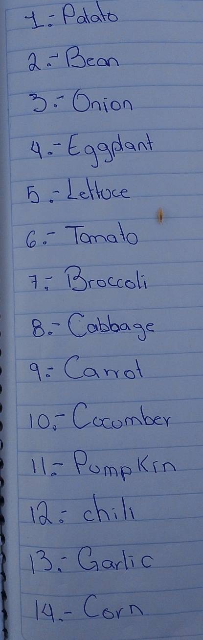 1: Palato 
a. Bean 
3. Onion 
4. Eggdant 
5- LeHoce 
6. Tomato 
7: Broccoli 
8. Cabbage 
9: Carrot 
10- Cocomber 
11 = Pumpkin 
12. child 
13. Garlic 
14. - Corn