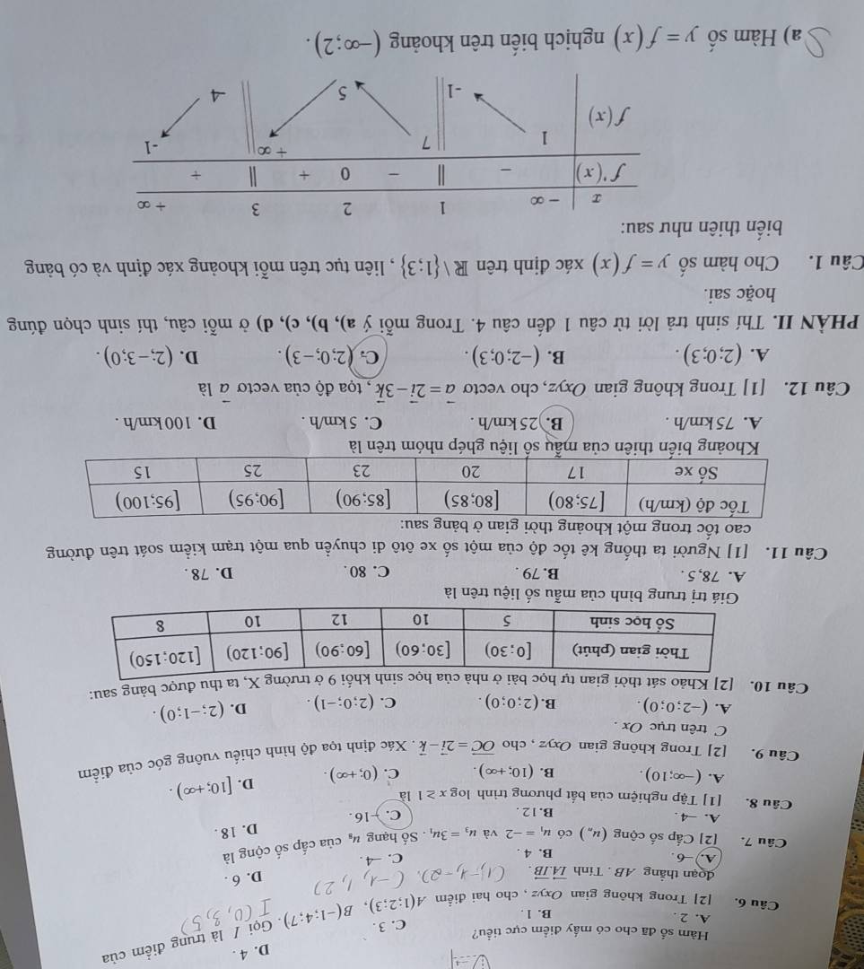 D. 4 .
Hàm số đã cho có mấy điểm cực tiểu?
Câu 6. [2] Trong không gian Oxyz , cho hai điểm A(1;2;3),B(-1;4;7). Gọi / là trung điểm của
C. 3 .
A. 2 . B. 1.
đoạn thắng AB . Tính vector IA.vector IB.
D. 6 .
A.) -6 B. 4 .
C. -4 .
Câu 7. [2] Cấp số cộng (u_n) có u_1=-2 và u_3=3u_1. Số hạng u_8 của cấp số cộng là
D. 18 .
A. −4 . B.12 .
C. +16 .
Câu 8. [1] Tập nghiệm của bắt phương trình log x≥ 1 là
A. (-∈fty ;10). B. (10;+∈fty ). C. (0;+∈fty ). D. [10;+∈fty ).
Câu 9. [2] Trong không gian Oxyz , cho vector OC=2vector i-vector k. Xác định tọa độ hình chiếu vuông góc của điểm
C trên trục Ox .
A. (-2;0;0). B. (2;0;0). C. (2;0;-1). D. (2;-1;0).
Câu 10. [2] Khảo sát thời gian tự họkhối 9 ở trường X, ta thu được bảng sau:
Giá trị trung bình của mẫu số liệu trên là
A. 78,5 . B. 79 . C. 80 . D. 78 .
Câu 11. [1] Người ta thống kê tốc độ của một số xe ôtô di chuyển qua một trạm kiểm soát trên đường
cao tốc trong một k
Khoảng biến thiên của mẫu số liệu ghép nhóm trên là
A. 75 km/h . B. 25 km/h . C. 5 km/h . D. 100 km/h .
Câu 12. [1] Trong không gian Oxyz, cho vecto vector a=2vector i-3vector k , tọa độ của vectơ vector a là
A. (2;0;3). B. (-2;0;3). C. (2;0;-3). D. (2;-3;0).
PHÀN II. Thí sinh trả lời từ câu 1 đến câu 4. Trong mỗi ý a), b), c), d) ở mỗi câu, thí sinh chọn đúng
hoặc sai.
Câu 1. Cho hàm số y=f(x) xác định trên Rvee  1;3 , liên tục trên mỗi khoảng xác định và có bảng
biến thiên hư sau:
) Hàm số y=f(x) nghịch biến trên khoảng (-∈fty ;2).