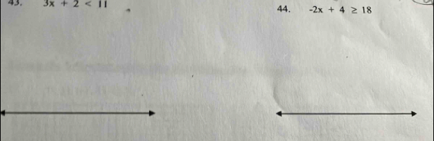 3x+2<11</tex> 
44. -2x+4≥ 18