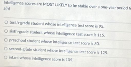 Intelligence scores are MOST LIKELY to be stable over a one-year period f
(n
tenth-grade student whose intelligence test score is 95.
sixth-grade student whose intelligence test score is 115.
preschool student whose intelligence test score is 80.
second-grade student whose intelligence test score is 125.
infant whose intelligence score is 105.