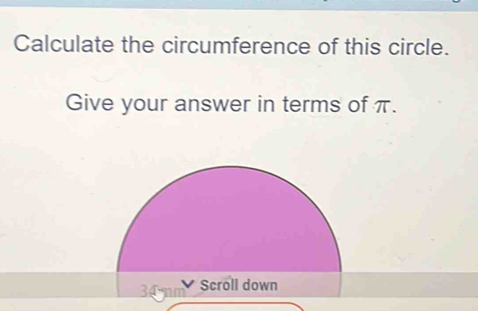 Calculate the circumference of this circle. 
Give your answer in terms of π.