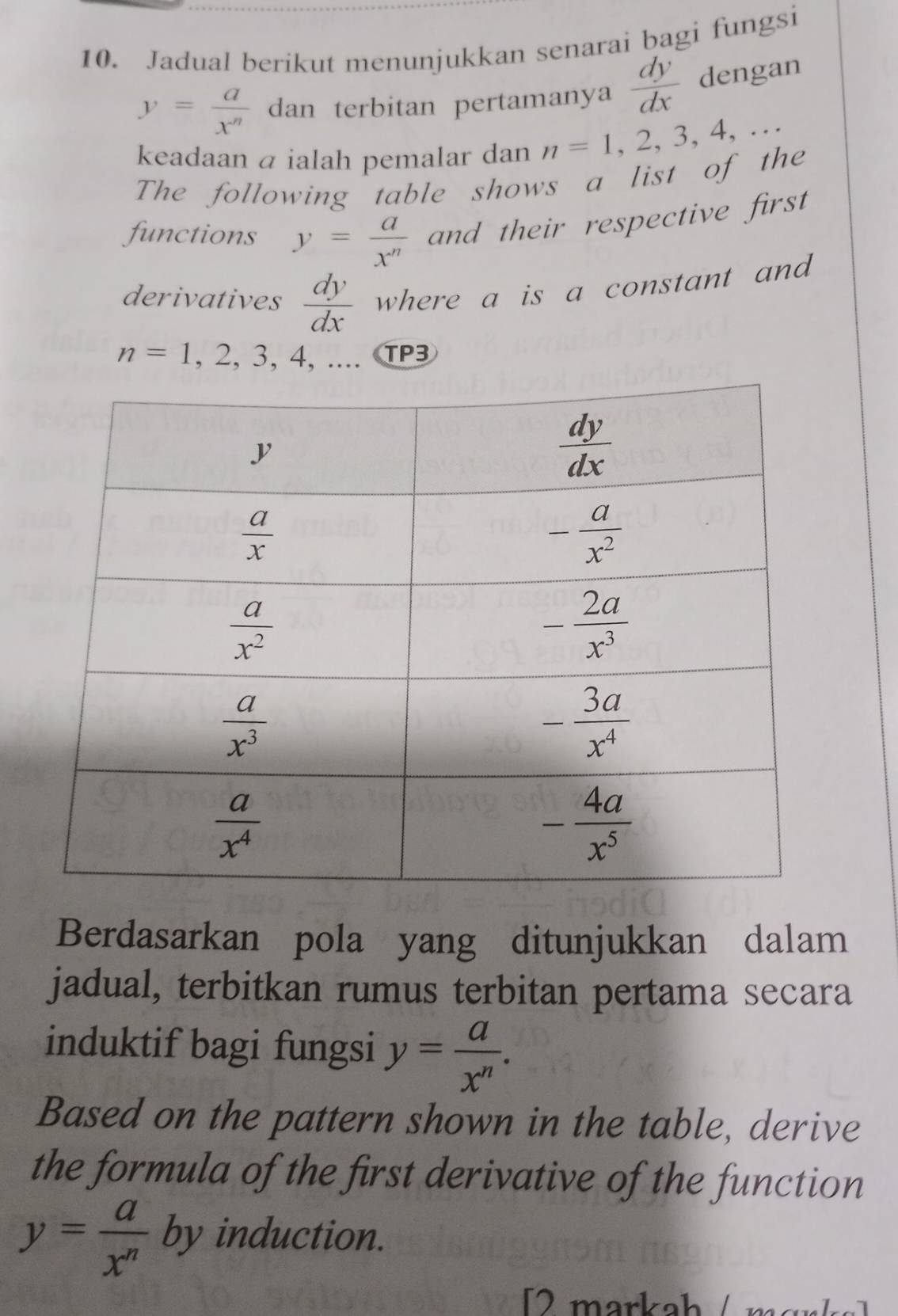 Jadual berikut menunjukkan senarai bagi fungsi
y= a/x^n  dan terbitan pertamanya  dy/dx  dengan
keadaan a ialah pemalar dan n=1,2,3,4,...
The following table shows a list of the
functions y= a/x^n  and their respective first
derivatives  dy/dx  where a is a constant and
n=1,2,3,4,... TP3
Berdasarkan pola yang ditunjukkan dalam
jadual, terbitkan rumus terbitan pertama secara
induktif bagi fungsi y= a/x^n .
Based on the pattern shown in the table, derive
the formula of the first derivative of the function
y= a/x^n by induction.
2 markah / m