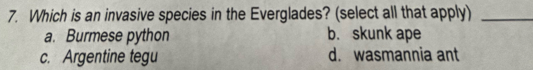 Which is an invasive species in the Everglades? (select all that apply)_
a. Burmese python b. skunk ape
c. Argentine tegu d. wasmannia ant