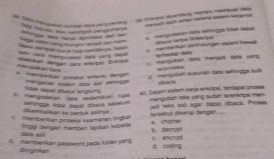 38 . Dele métupakan sumber dave vang parling
39. Enicipsl dipandang mampu mambuat deta
mənjadi labíḥ aman karəna sistəm kərjanya
bagi Indvióu alau kelompok penggunanya
a. mengodekan data sehingga fidak dapal
sehngga dela harus dipróels) dan be
bagai rsãlo yang mungin terjad: dan mam díbaca tança didekrpsi
b. memberikan perflindungan separi frewall
bawa démpał burk bap pemilkmya. Salah
tatu cata memproteksi date yang dapa arhadap data
dijakukan dengan cara enkrpsi Enkros
c. mengubah data menjadi data yang
merupäkan cara terproteks
a. memberkan proeksi tañentu dangan
d. mengubah susunan daïa sehingga sult
merigacak sisem data asíí sehingga direra
tidak dapat dibaca langsung
b. mengodekan data sedemikian rupa 40. Dalam sistem kerja enkripsi, terdapat proses
sehíngga tidak dapal dibaca sebelum mengubah teks yang sudah terenkripsi men-
jadi teks asli agar dapat dibaca. Proses
dikəmbalikan kə bentuk aslinya
c merberíkan proteks) keamanan tingkat tersebüt dikənal dəngan_
tinggi dəngan məmberi lapisan kəpada a. chipher
b. decrypt
data así
d. memberikan password pada folder yang c. encrypt
d. coding
diinginkan