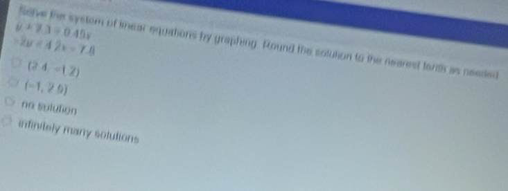 y± y.3=0.45v
2y=42x-7.8
Selve the systom of lmear equations by graphing. Round the solution to the nearest fordh as needed
(24,-12)
(-1,2.9)
nn sulution
infinitely many solutions