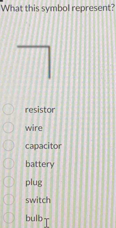 What this symbol represent?
resistor
wire
capacitor
battery
plug
switch
bulb