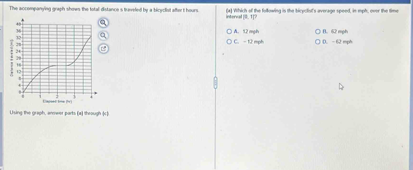 The accompanying graph shows the total distance s traveled by a bicyclist after t hours. interval (a) Which of the following is the bicyclist's average speed, in mph, over the time
[0,1] 2
A. 12 mph B. 62 mph
C. - 12 mph D. - 62 mph
Elapsed time (hr)
Using the graph, answer parts (a) through (c).