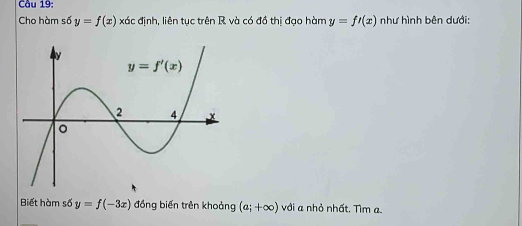 Cho hàm số y=f(x) x ác định, liên tục trên R và có đồ thị đạo hàm y=fl(x) như hình bên dưới:
Biết hàm số y=f(-3x) đồng biến trên khoảng (a;+∈fty ) với a nhỏ nhất. Tìm a.