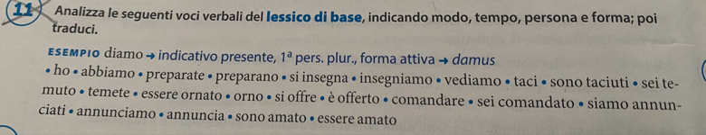 Analizza le seguenti voci verbali del lessico di base, indicando modo, tempo, persona e forma; poi 
traduci. 
εsεмpι0 diamo → indicativo presente, 1^a pers. plur., forma attiva → damus 
• ho • abbiamo • preparate • preparano • si insegna • insegniamo • vediamo • taci • sono taciuti • sei te- 
muto • temete • essere ornato • orno • si offre • è offerto • comandare • sei comandato • siamo annun- 
ciati • annunciamo • annuncia • sono amato • essere amato